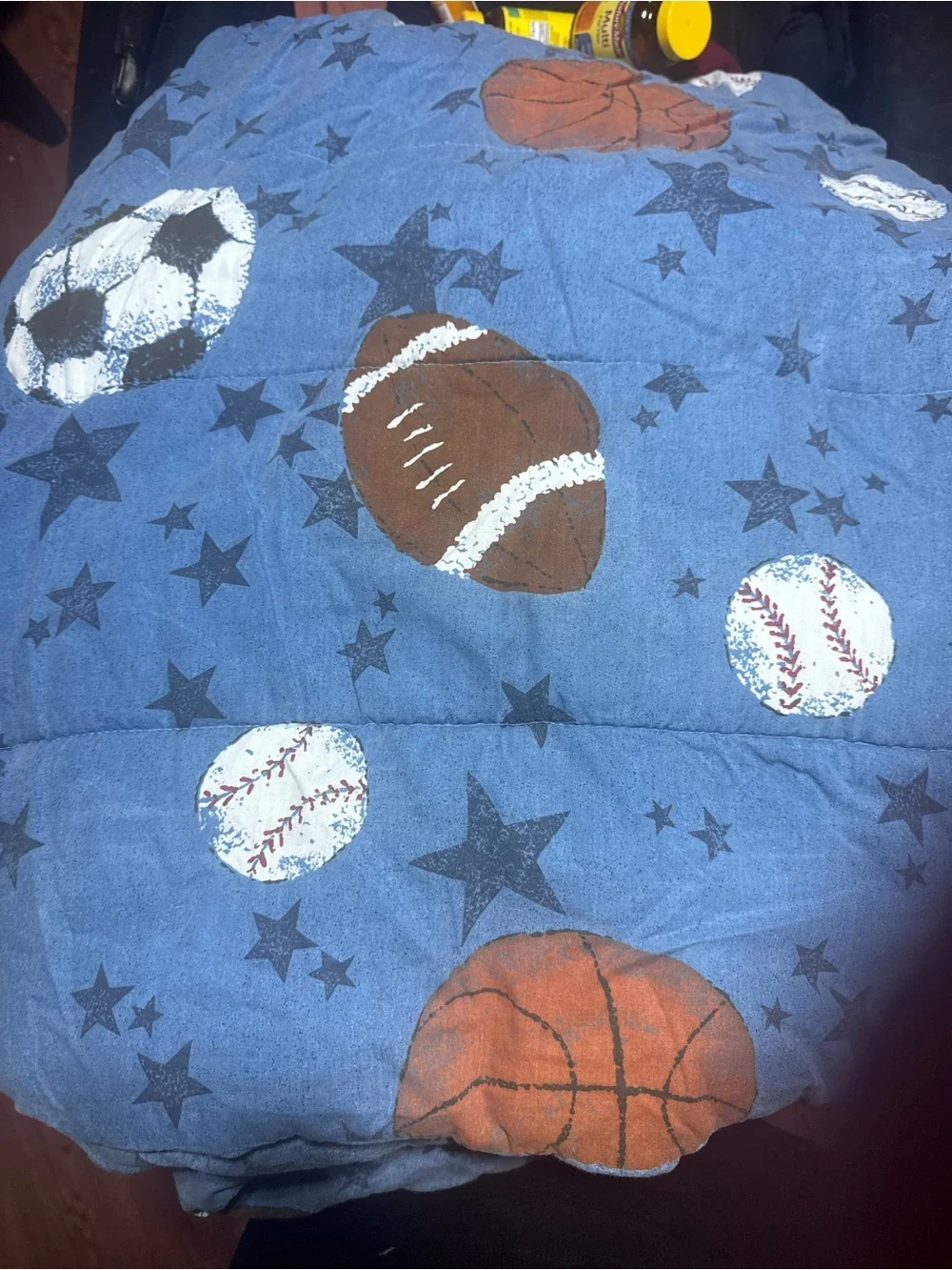 Twin Blue Sports Print Quilt / comforter with Basketballs, Footballs & Baseballs